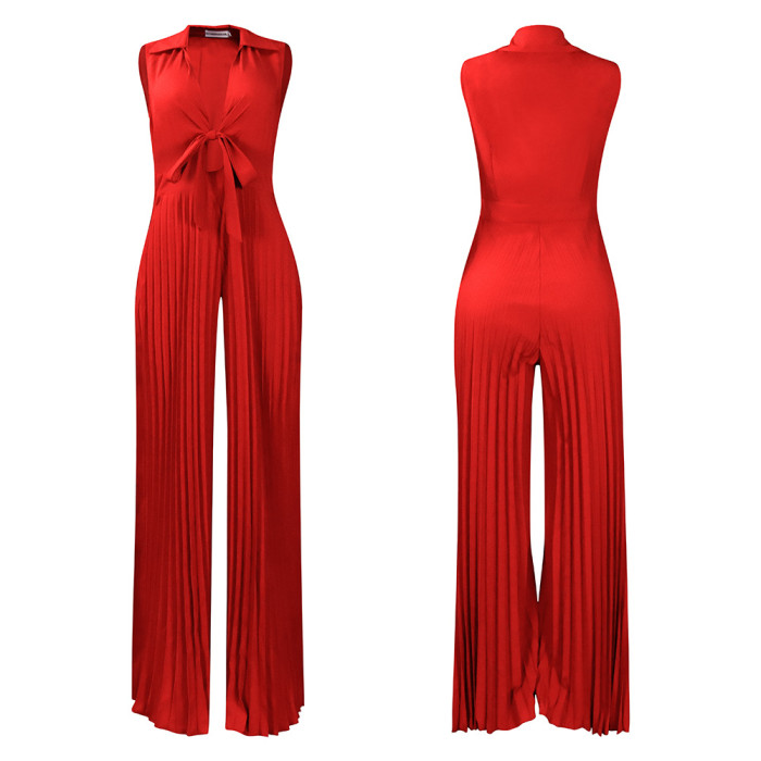 Loose-Fitting V-Neck Wide-Leg and Pleated Jumpsuit