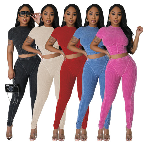 Solid Round Neck Tight Fitting Sexy Women's Sport Two Piece Pants Set