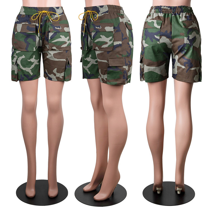 Fashion Camo Denim Multi Pocket Cargo Shorts Casual Pant