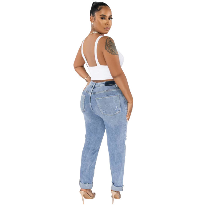 Casual Women's Style Ripped Buckle Stretch Denim Pants