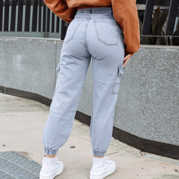 loose multi pocket jeans Stretch fabric elasticated cuffs denim fabric Pants