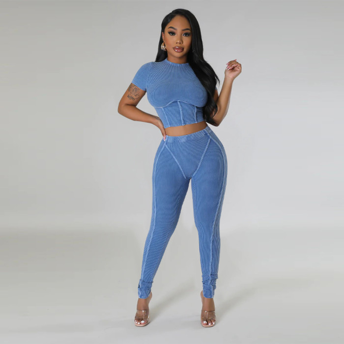 Solid Round Neck Tight Fitting Sexy Women's Sport Two Piece Pants Set