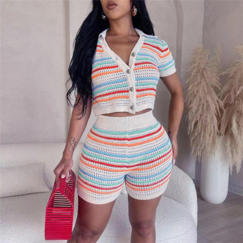 Short Sleeve Striped Patchwork High-Waisted Slim Fit Shorts Knitted Set