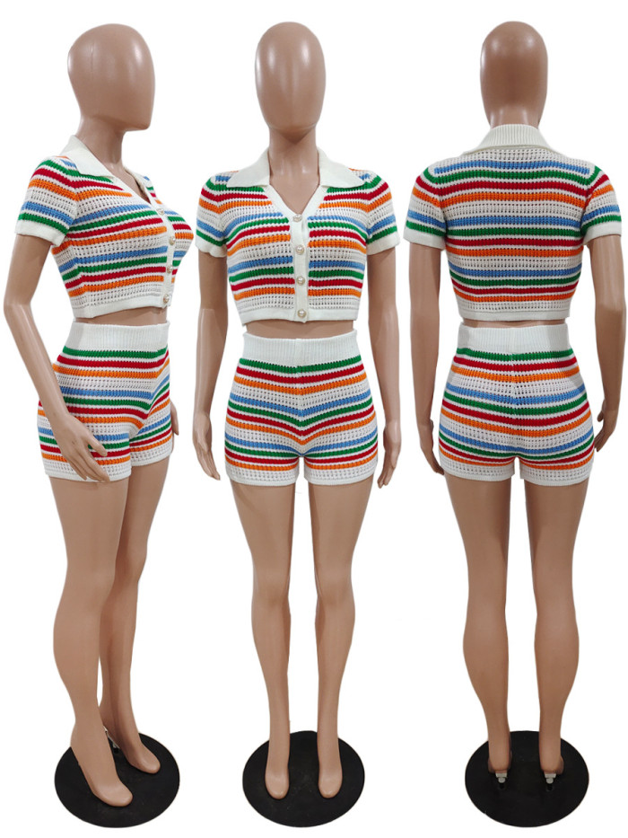 Short Sleeve Striped Patchwork High-Waisted Slim Fit Shorts Knitted Set