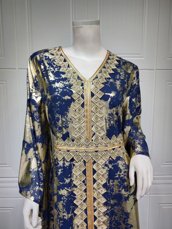 Gold Ironing Muslim Chiffon Long Robe with Waist Belt
