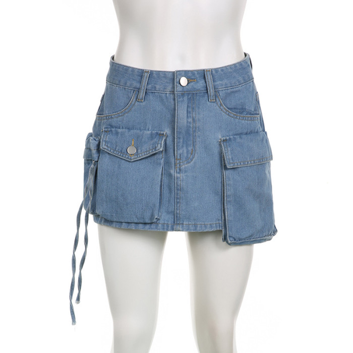 Asymmetric Big Pockets and High Waist Denim Skirt