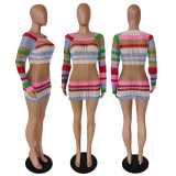 Hollow Out Design Seductive Color-Block Knit Striped Long-Sleeve Short Dress