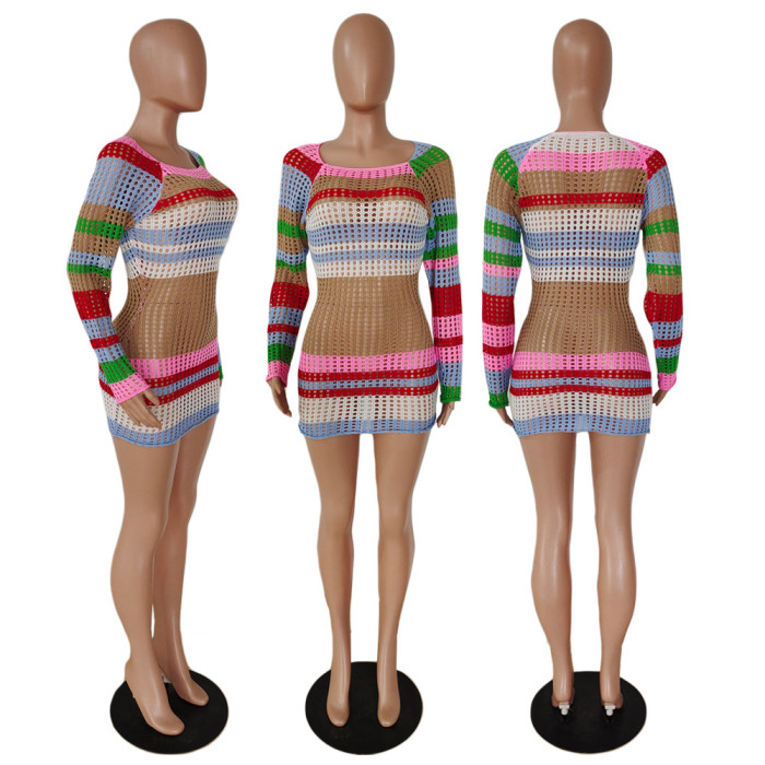 Hollow Out Design Seductive Color-Block Knit Striped Long-Sleeve Short Dress