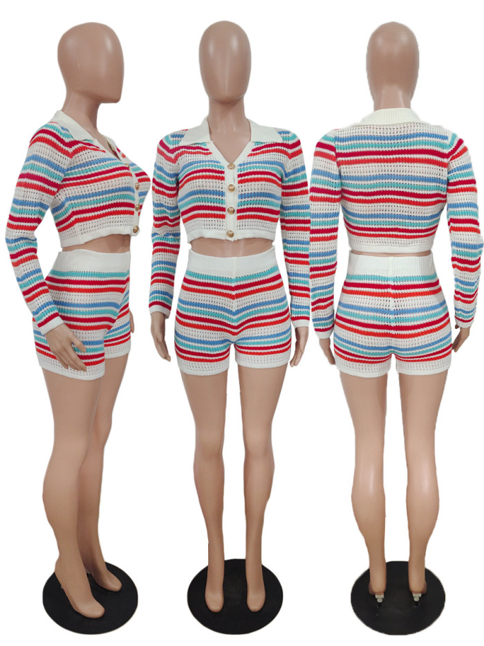 Bold Striped Lapel Cardigan with Button Closure Long Sleeves and Color-Block Short Knit Shorts Set