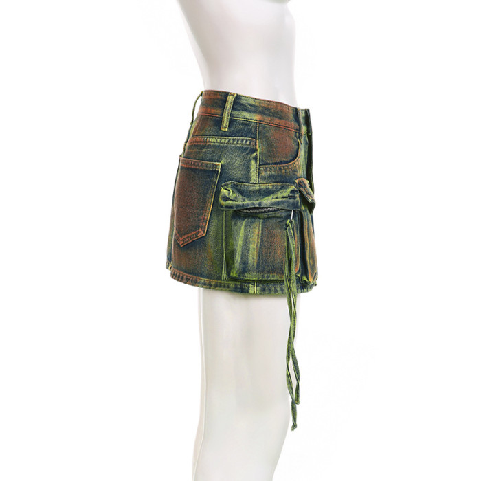 Asymmetric Big Pockets and High Waist Denim Skirt