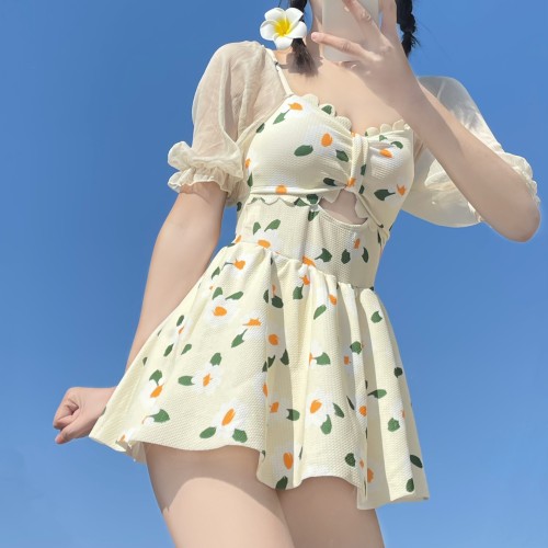 Floral Print Short Sleeved One Piece Swimsuit