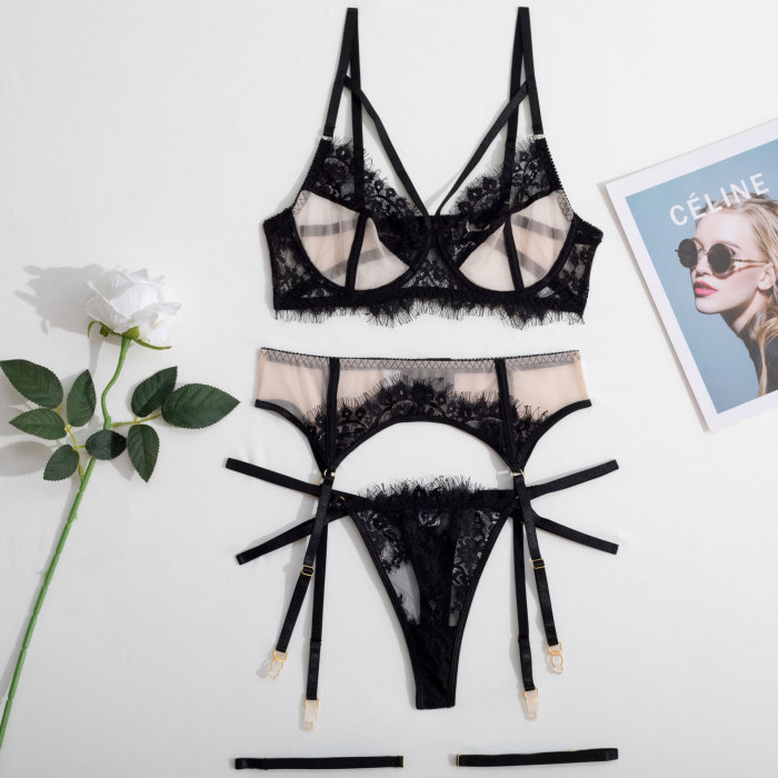 Sensual Lace Temptation with Sheer Eyelash and Floral Strap Bodysuit
