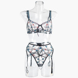 IHOOV Embroidered Garter Belt with Steel Rings Three-Piece Set