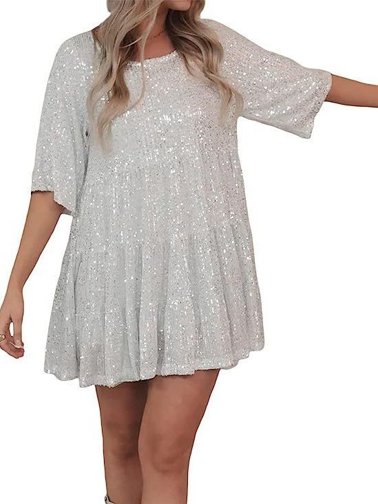 Loose Fit Short Sleeves and Pleated Round Neckline Shimmering Mini Dress