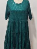 Loose Fit Short Sleeves and Pleated Round Neckline Shimmering Mini Dress