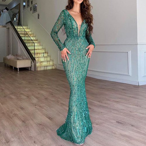Sparkling Long Sleeves Floor-length Elegant Cocktail Clubwear Dress