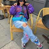High-Waisted Non-Stretch Vintage Print Denim Jeans