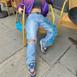 High-Waisted Non-Stretch Vintage Print Denim Jeans