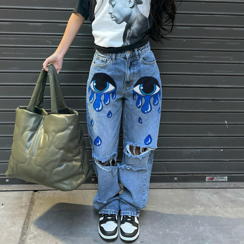Big-Eyed Print High-Waisted Non-Stretch Ripped Straight Jeans