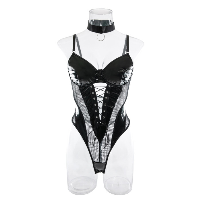 PU Leather and Mesh Lace Splicing Bodysuit