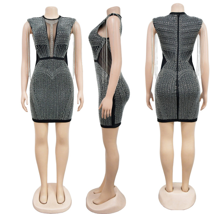 Women's Fashion Solid Color Mesh Beaded Sleeveless Club Dress