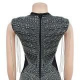 Women's Fashion Solid Color Mesh Beaded Sleeveless Club Dress