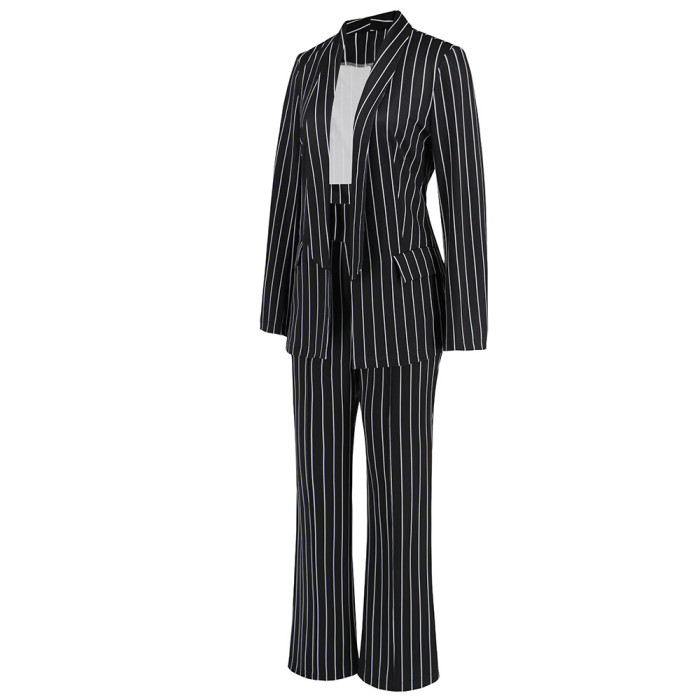 2023 Autumn New Fashionable Casual Striped Blazer Jacket Straight Wide Leg Pants Suit