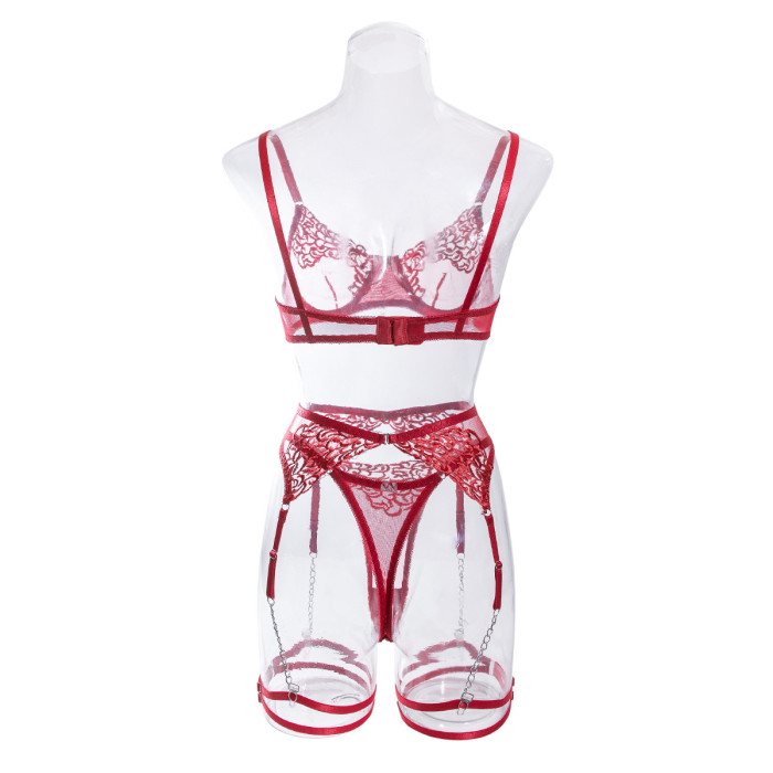 Metallic Chain Embroidery with Leg Garter Four-Piece Sexy Lingerie Set
