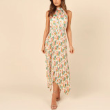 Printed Pleated Solid Color Sleeveless Halter V-neck Irregular Hem Dress