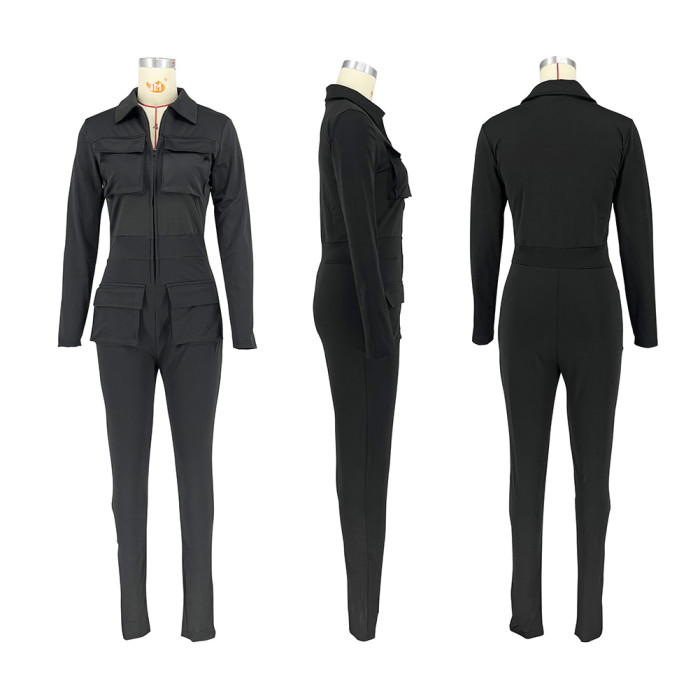 Autumn Collection Solid Color Long Workwear Jumpsuit with Zipper Pockets