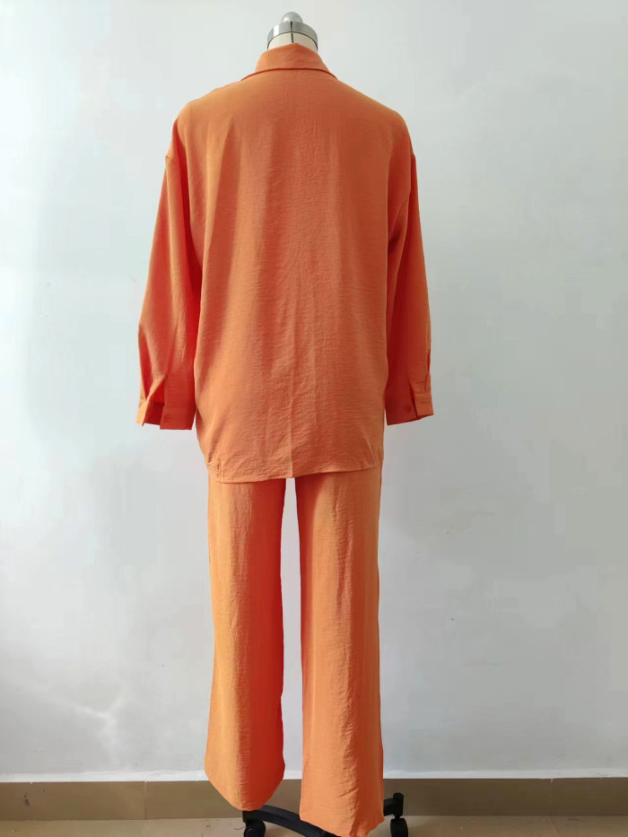 Elegant Long-Sleeve Wrinkle Shirt and Elastic Waist Long Pants Two-Piece Set