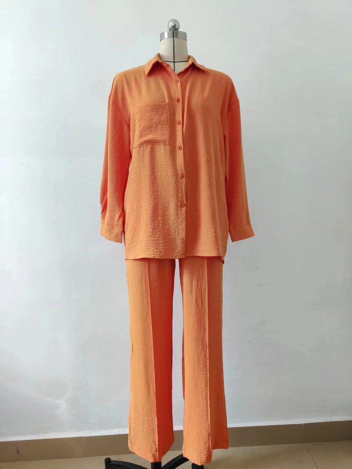 Elegant Long-Sleeve Wrinkle Shirt and Elastic Waist Long Pants Two-Piece Set