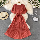 Elegant V-neck  Pleated Slim-fit Long Chiffon Pleated Solid Color Dress
