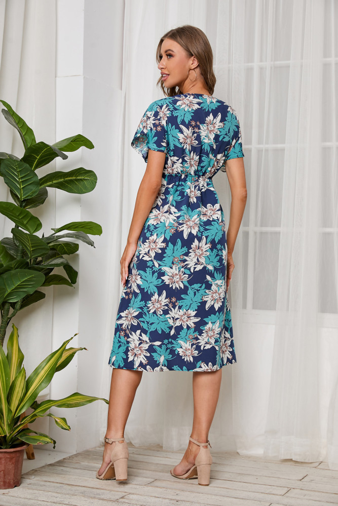 Floral Print Chiffon V-neck Short Sleeve Swing Dress