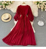 Lace-Panelled V-Neck and Long Sleeves Pleated Maxi Dress 