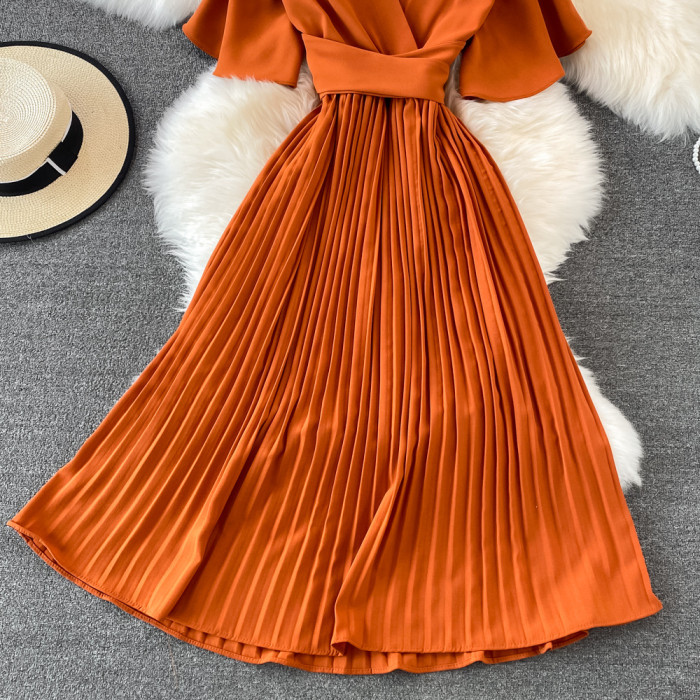 Elegant V-neck  Pleated Slim-fit Long Chiffon Pleated Solid Color Dress