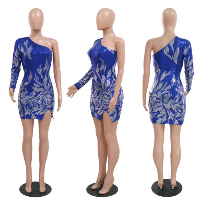 Sexy One-Shoulder Bodycon Side Slit Sparkling Mini Dress