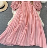 Lace-Panelled V-Neck and Long Sleeves Pleated Maxi Dress 