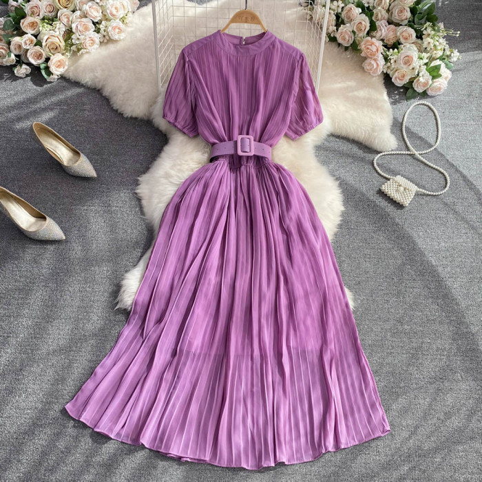 Round Neck Sweet and Ethereal A-line Pleated Dress