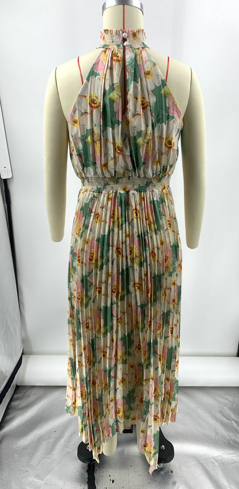 Printed Pleated Solid Color Sleeveless Halter V-neck Irregular Hem Dress