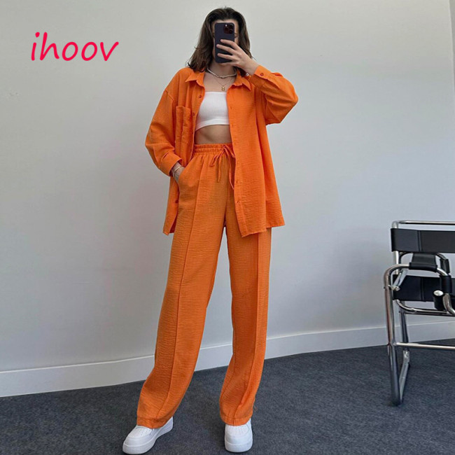 Elegant Long-Sleeve Wrinkle Shirt and Elastic Waist Long Pants Two-Piece Set