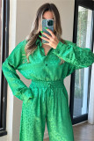Leopard Jacquard Long Sleeved Shirt and Elastic Waist Loose Long Pants Two Piece Set