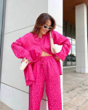 Leopard Jacquard Long Sleeved Shirt and Elastic Waist Loose Long Pants Two Piece Set