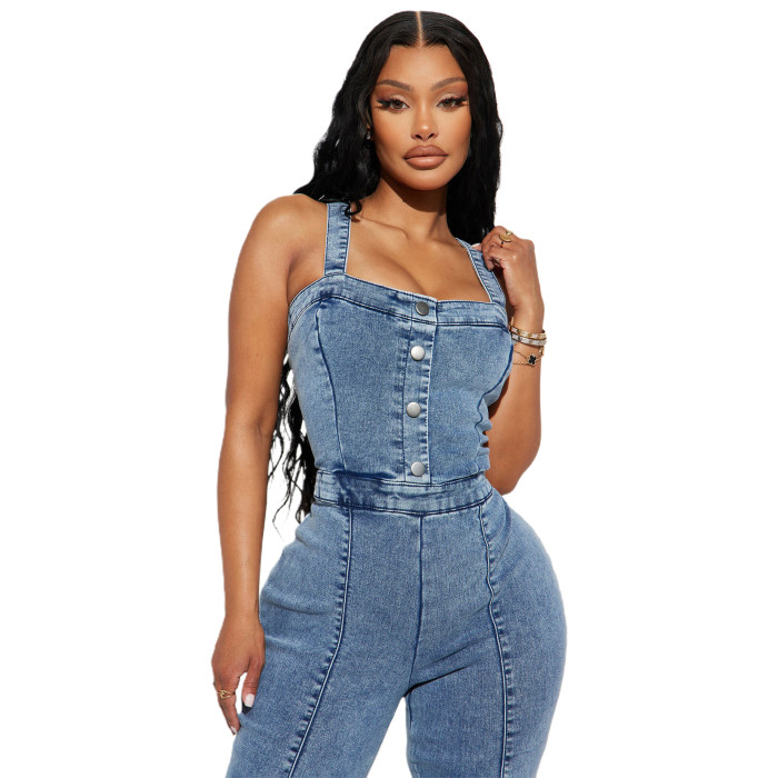 Casual and Sexy Overalls  Wide-Leg Flared Pants Denim Jumpsuits
