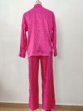 Leopard Jacquard Long Sleeved Shirt and Elastic Waist Loose Long Pants Two Piece Set