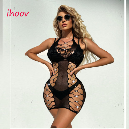 ihoov Sexy Tempting Sheer Bodysuit with Hollow Out Fishnet Lingerie