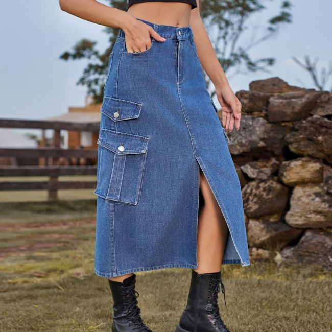 Elastic Waistband Relaxed-fit Denim utility Skirt