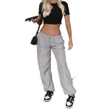 Multiple Pockets and Tie-up Straps Loose-fit Elastic Workwear Pants