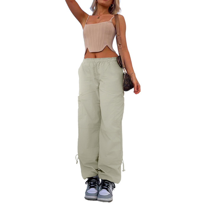 Multiple Pockets and Tie-up Straps Loose-fit Elastic Workwear Pants