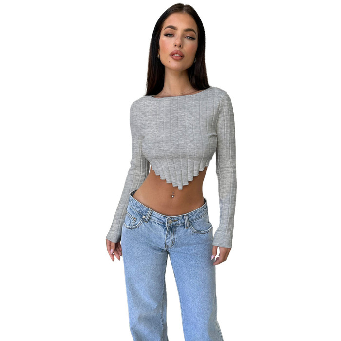 Sexy Solid Color Hollow Out Long Sleeves Knitted Short Crop Top